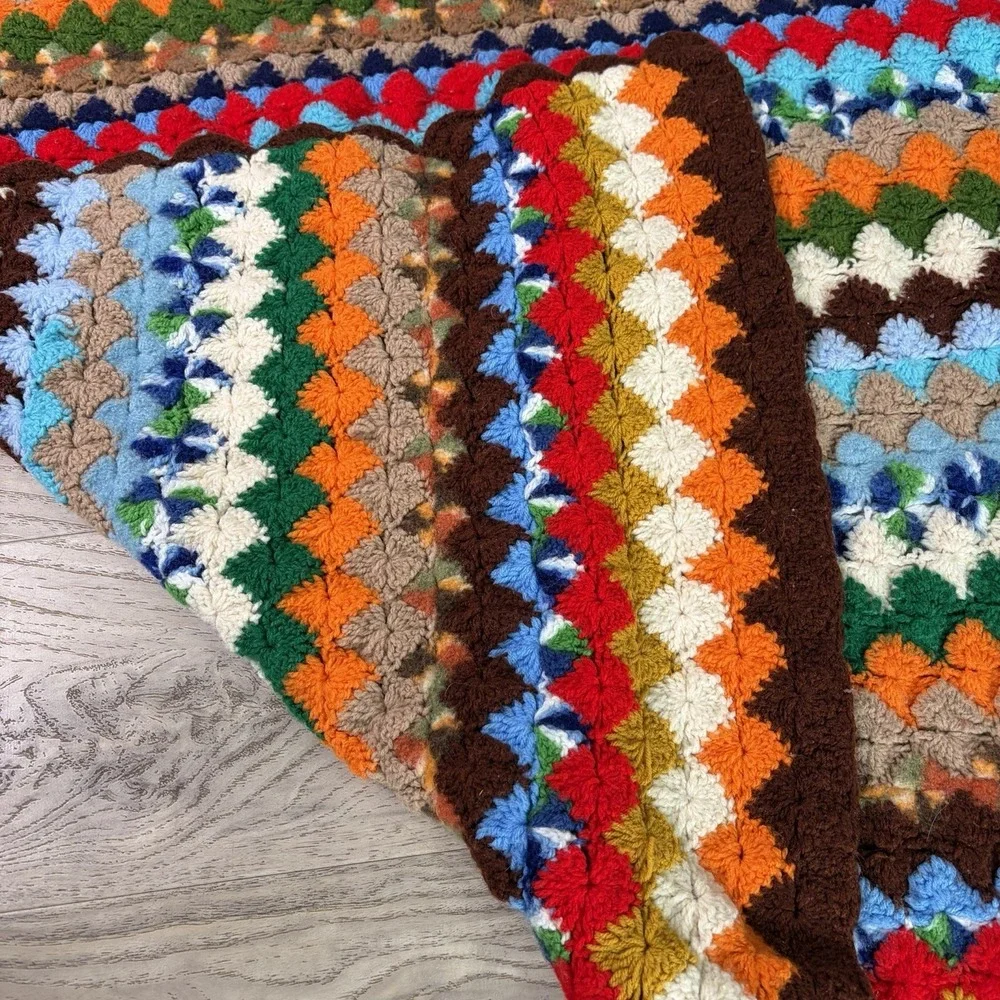 Vtg Vibrant Handmade Crochet Afghan Blanket Retro‎ Earth Tones 70s Ripple 58x37